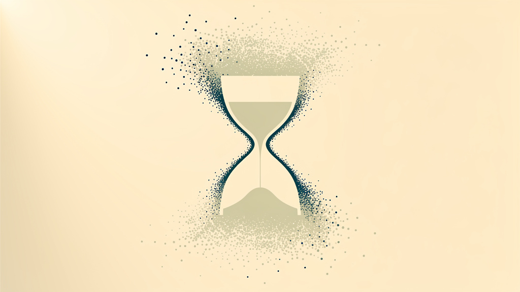 An hourglass outline dissolving into loose drifting dots at its edges, showing a long-standing testing rule fading away rather than being dramatically overturned.
