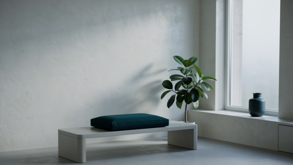 A serene, warm interior in soft morning light, calm and unhurried, in bone and teal tones.