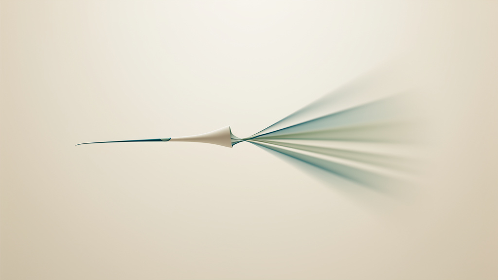 A slender form in bone and teal, tipped only slightly at one end yet sweeping wide at the other, an abstract picture of a small change amplified into a large one.