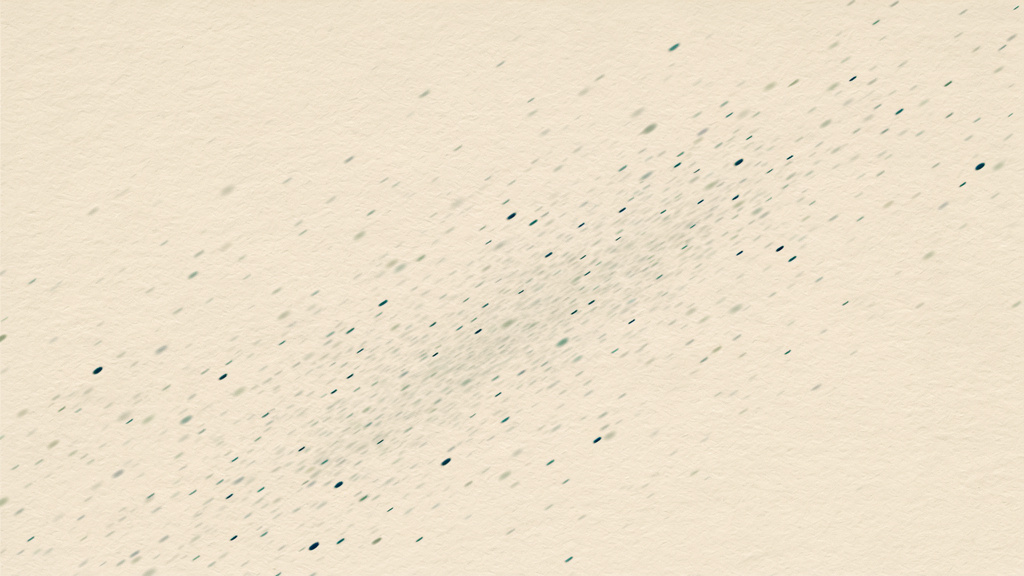 A wide bone field scattered with many faint matcha marks, most too soft to read alone, yet together drifting in one clear direction across the frame.