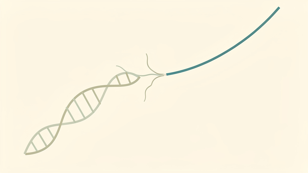 A coiled strand frays apart into loose threads on one side while a single smooth line rises steadily upward from the same point on the other: a gene lost long ago leaving one number free to climb.