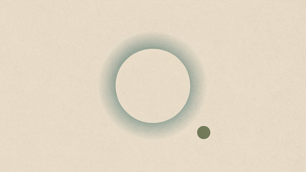 A large hollow ring of cool teal light fills most of a warm bone field while a single small dense matcha dot rests off to the side, the loud empty promise beside the small true signal.