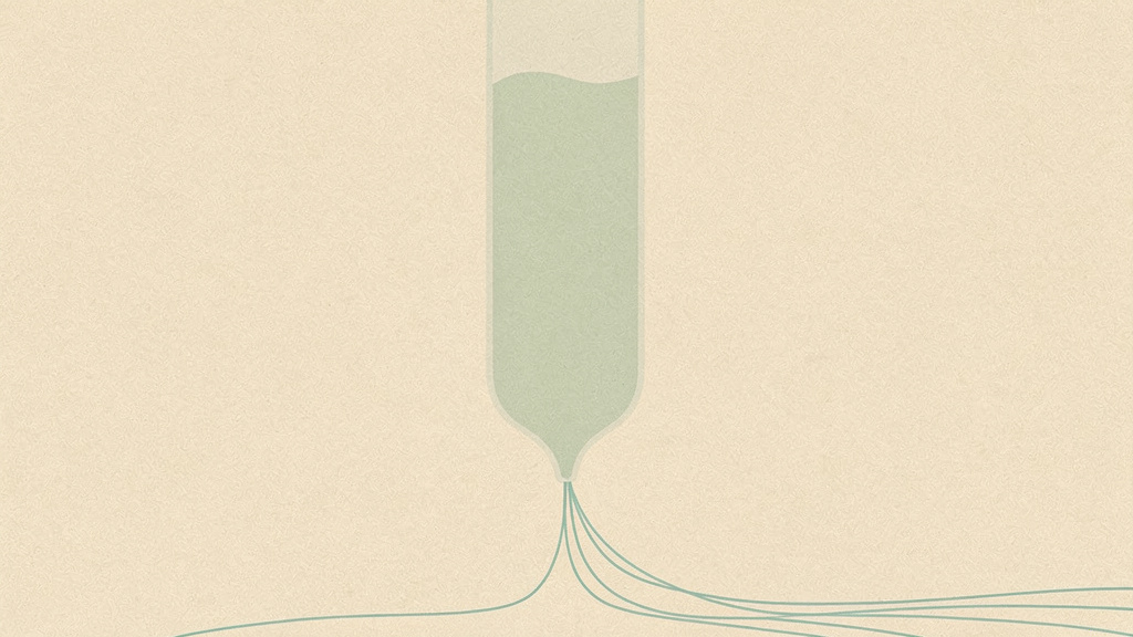 A tall, nearly full column of soft matcha sage drains by a slow thin teal thread, a large store emptying over years.