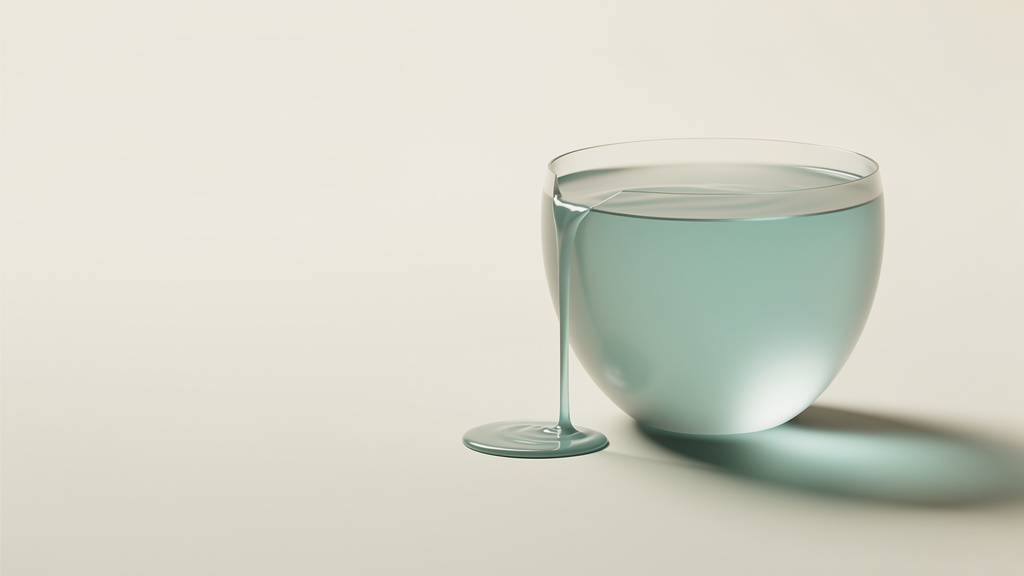 A translucent vessel filled to the brim with soft teal light, a thin ribbon spilling quietly over one edge into a pale bone field.