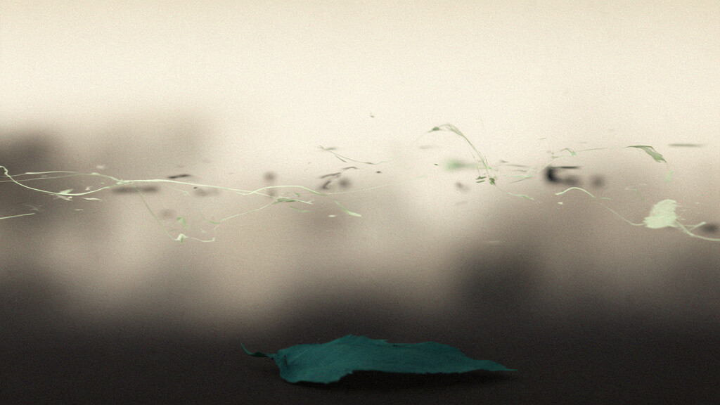 Pale matcha threads drifting and thinning across a diffuse bone-and-ink field while a single grounded deep-teal shape rests low and certain, an abstract image of a settled signal separating from noise.