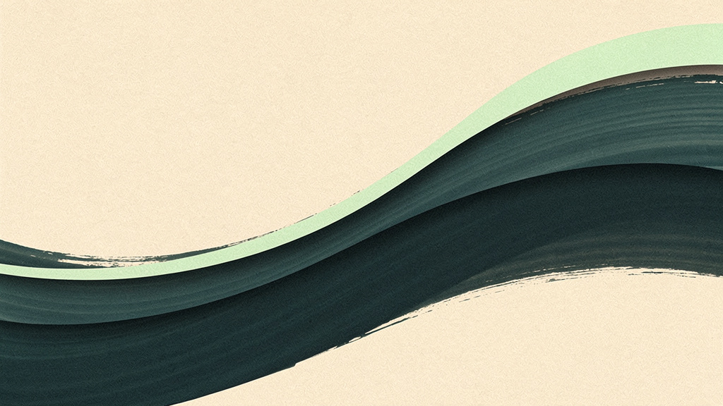 Layered deep teal strokes forming a single gentle rising slope across a bone colored field, with one luminous matcha band sitting higher than the rest.