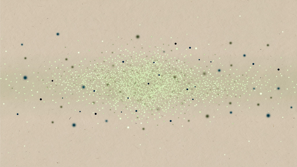 A warm bone-colored field scattered with many soft, glowing matcha-green points that multiply and grow denser and brighter toward the center, a quiet network thickening without a single hard edge.
