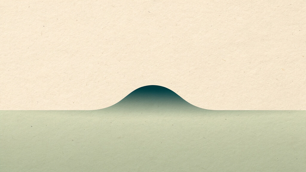 A long, calm band of matcha green holding low and steady across a bone field, interrupted by one short, brighter rise that lifts briefly into deep teal before settling back into the quiet baseline.